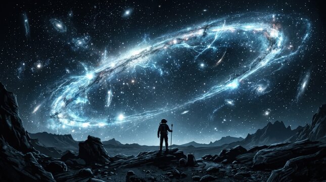 Silhouetted man standing on rocky ground beneath a huge luminous galactic ring stretching across a star-filled sky, cinematic sci-fi digital art, deep black and icy blue palette, dramatic scale, space