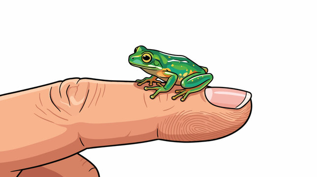Tiny green frog perched on a human finger, symbolizing Amazonian biodiversity and conservation efforts