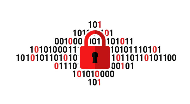 Cyber Security Concept with Red Padlock and Digital Binary Code on White Background - Data Protection and Privacy Illustration