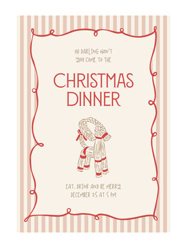 Christmas dinner invitation template with a hand drawn straw Yule goat, red wavy ribbon frame and pink striped background. Cozy vintage Scandinavian holiday card with a warm, festive feel