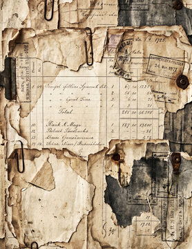 Layered old paper documents with handwritten text, stamps, and rusted clips creating a textured background