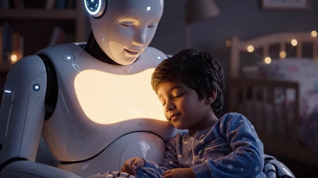 Futuristic android sits beside young boy in cozy bedroom, gently gesturing as child falls asleep peacefully. Warm light glows softly from robotic chest during sweet bedtime storytelling.