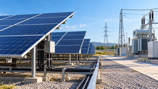Solar panel field power plant green energy transparency clean electricity infrastructure grid utility renewable energy site