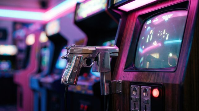 Retro arcade light-gun mounted beside a glowing CRT cabinet with neon marquee and coin slot detail