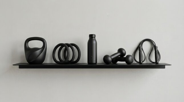 Minimal black shelf displaying curved fitness or design objects against a seamless pale background, premium product photography, matte black silhouettes, geometric composition, controlled soft shadows