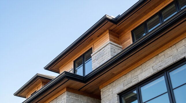 Modern luxury house exterior featuring natural wood siding and stone against clear sky.