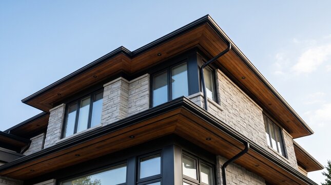 Modern house corner with stone walls and wooden roof soffit showing luxury architecture.
