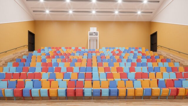 3D render of an empty auditorium featuring rows of colorful seats, wooden steps, orange walls, and a projector booth.