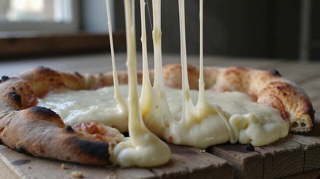 Sliding wooden spatula under pizza slice, hand lifting slice at kitchen table, showing cheese pull