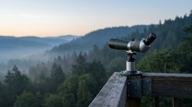 Perched on a rustic wooden railing, a high-powered spotting scope offers an unparalleled panoramic view of a majestic, mist-filled forest valley at the tranquil break of dawn