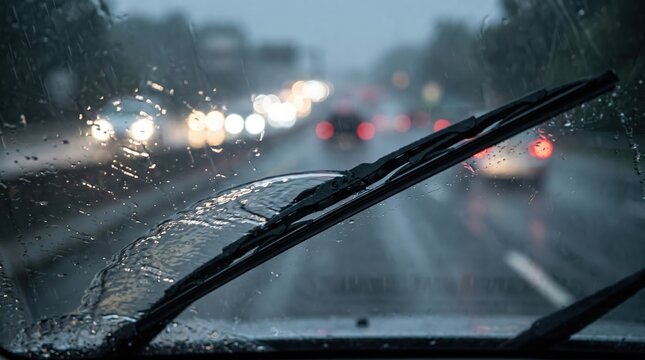 Car windshield wipers clearing rain on a wet road