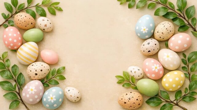 Pastel Decorated Easter Eggs and Green Foliage with Copy Space