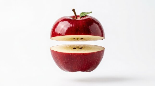 Glossy red apple split horizontally into two floating halves with a thin white gap, isolated on white, minimalist commercial food photography, saturated crimson skin, crisp highlights, surreal clean