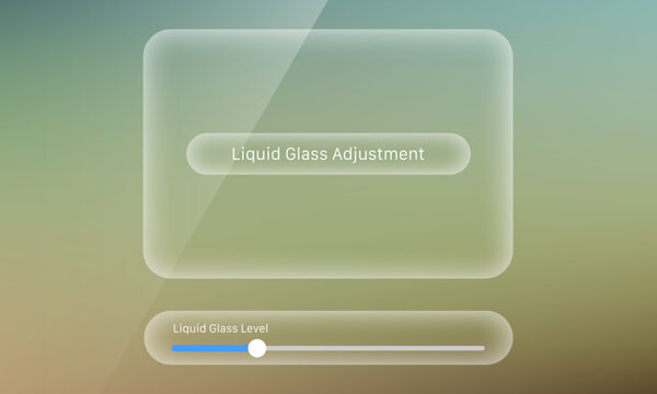 Glassmorphism liquid glass adjustment UI mockup showing frosted panel and slider level control
