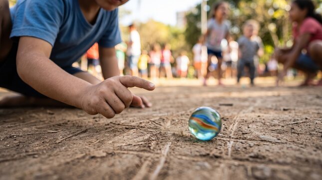 Child's concentrated hand playing outdoor marble game