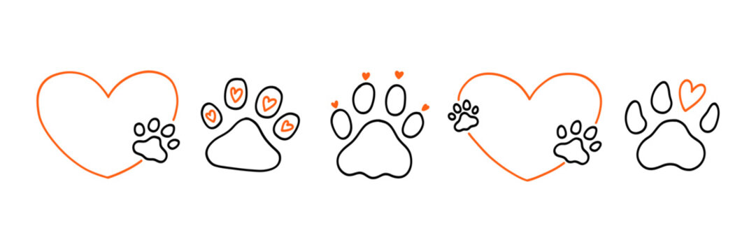 Outline Dog Paw Pet Foot Print with Heart Set. Hand Drawn Paw Lion Footprint Icon Kit. Doodle Cat Animal Pawprint Track Bundle Line Clipart. Hand Drawn Vector Illustration
