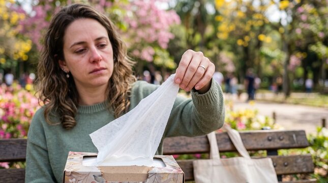 Woman suffering from seasonal allergies outdoors