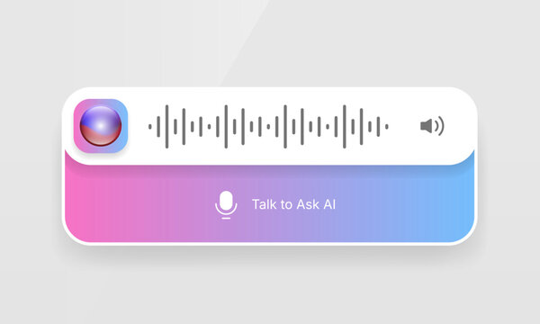 AI voice assistant widget UI mockup showing audio waveform and gradient talk button