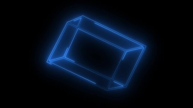 Blue Neon Scaling Cube 2D Wireframe Animated Background Loop for Content Creators, 4K UHD Pulsing Geometric Box Motion Graphic Overlay Backdrop on Isolated Black Background