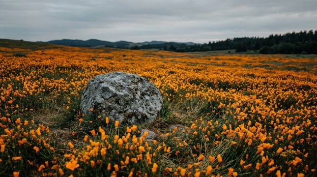 Gray stone resting alone in a vast field of glowing orange wildflowers, cinematic landscape photography, dense amber blossoms stretching toward the horizon, muted sky, low soft light, strong textural