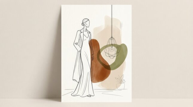Tall linear figure beside a hanging cord or delicate lamp structure, minimalist fashion line art, abstract beige, olive and rust shapes behind, thin black outlines, elegant negative space, conceptual