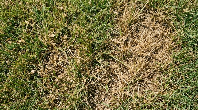 Dry yellow patches of grass dying in a garden lawn during summer heat.
