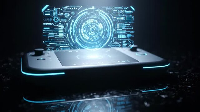 Portable game console activates bright holographic hud display on dark reflective surface. Sleek entertainment hardware showcases glowing sci fi projections representing digital computing.