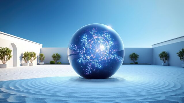 Bright sphere radiates energy within courtyard setting. Ripples emanate from base, creating futuristic ambiance. Clean lines define space.