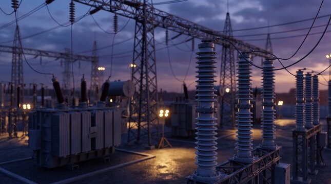 High voltage electrical substation equipment stands illuminated against a dramatic sunset sky at dusk.