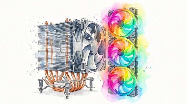 Watercolor illustration of a set of RGB case fans and a CPU tower heatsink with copper heat pipes, rainbow gradient wash glow, loose brush strokes, isolated on white background