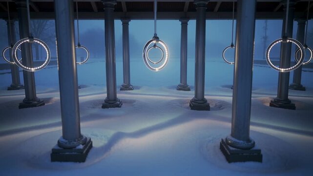 Pulling back camera, central LED ring rotating and tilting in snowy colonnade to reveal pattern