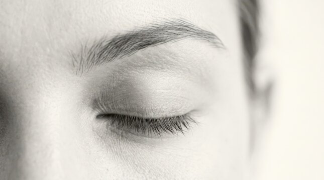 Black-and-white macro of a closed female eye and eyebrow, minimalist beauty photography, fine lashes and realistic skin texture, soft high-key light, delicate tonal contrast, calm wellness and