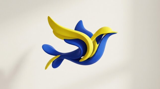 Abstract bird-like sculptural form in cobalt and lemon yellow floating on a light background, premium 3D render, smooth matte surfaces, whimsical minimal design.