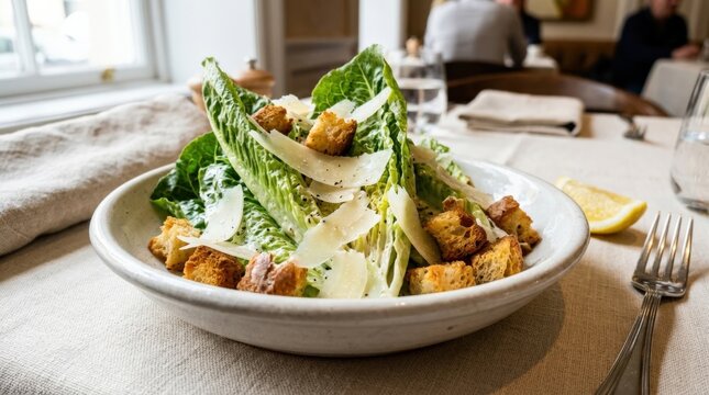 Fresh Caesar salad with upright romaine leaves, crunchy golden croutons, large parmesan shavings, creamy dressing and a lemon wedge in a shallow white bowl, refined restaurant food photography, warm