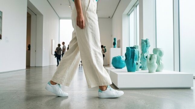 Cropped gallery visitor walking past turquoise sculptural objects in a bright contemporary exhibition space, fashion editorial photography, low framing focused on movement and legs, white and aqua