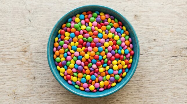 Colorful round candy pieces arranged densely in a circular bowl, overhead commercial food photography, saturated rainbow palette, clean graphic composition and playful confectionery aesthetic.