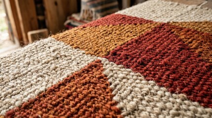 Fototapeta premium Close-up of woven fabric divided into beige, ochre and deep red geometric fields, tactile textile macro photography, visible coarse fibers, warm earthy palette, diagonal composition, natural material