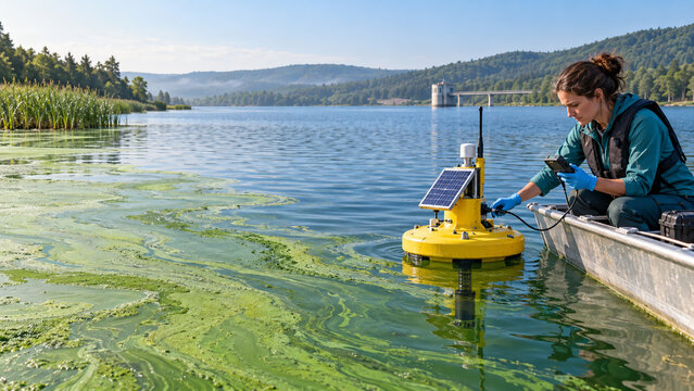 Environmental scientist collecting water data from a lake using a floating monitoring buoy, illustrating water quality research, pollution control and ecosystem monitoring.