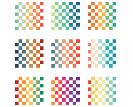 Nine vibrant checkerboard patterns displaying diverse color gradients and geometric square designs on a clean white background, perfect for abstract backdrops.