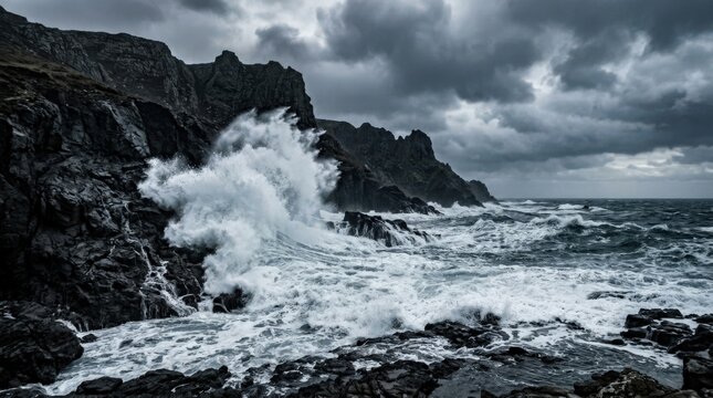 Storm waves crashing against a dark rocky coastline, dramatic seascape photography, charcoal cliffs and white foam beneath brooding gray clouds, cool desaturated palette, strong texture, cinematic