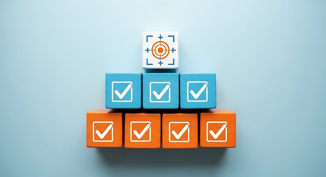 Stacked blocks with checkmarks and target icon symbolizing success and goals