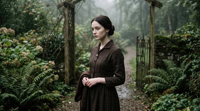 Pale young woman with dark hair neatly tied back wearing a brown vintage dress in a misty garden, cinematic period-style portrait, muted forest green and taupe palette, soft cloudy light, restrained