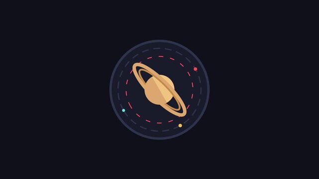 Minimalist flat vector ringed planets rotating on dark background