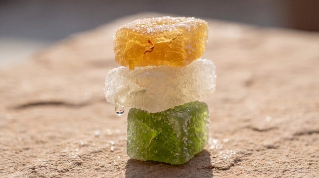 Stacked colorful Petha sweets in orange white and green flavors on a rough sandstone block, generative AI