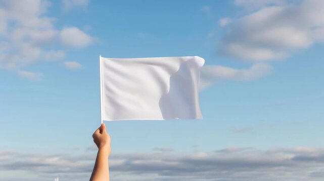 Hand holding white flag waving against blue sky