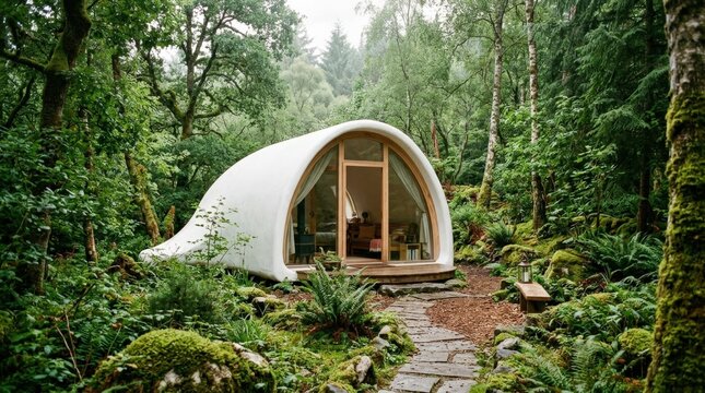 Organic white arched cabin or pavilion nestled in dense green forest, visionary architectural photography, soft overcast light, mossy vegetation, smooth biomorphic shell and sustainable retreat or