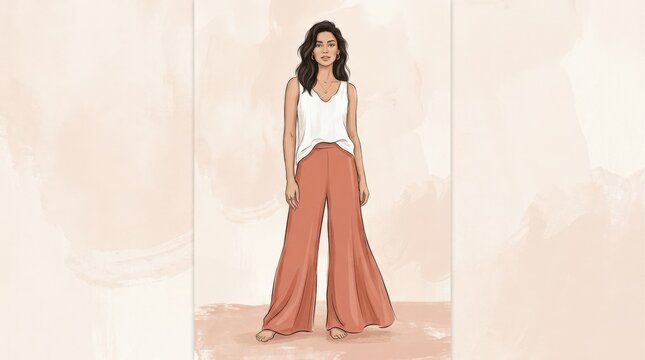 Woman in a white top and flowing coral wide-leg trousers, front-facing full-body editorial fashion illustration, blush cream background, soft flat shading, muted terracotta and warm neutral palette.