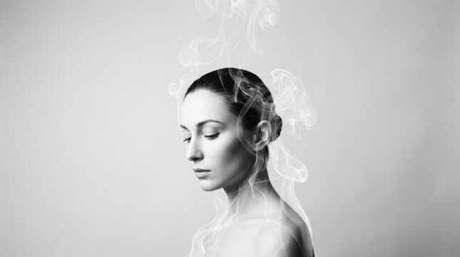 Surreal monochrome female head surrounded by rising translucent smoke, conceptual fine-art portrait, pale gray background, sculptural vapor forms, ethereal high-key lighting and dreamlike minimalist