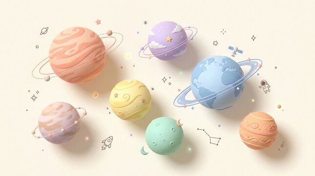 Collection of whimsical planets floating on cream background, soft 3D illustration with pastel peach, blue, yellow and lavender spheres, tiny rings and shadows, playful astronomy and education
