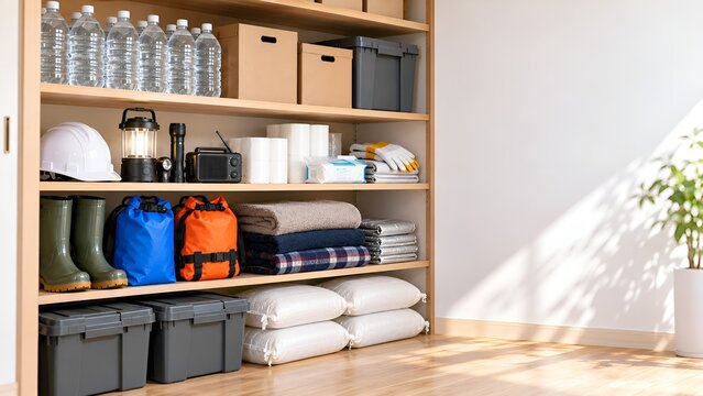 家庭で整理された防災備蓄用品と非常用ストック収納